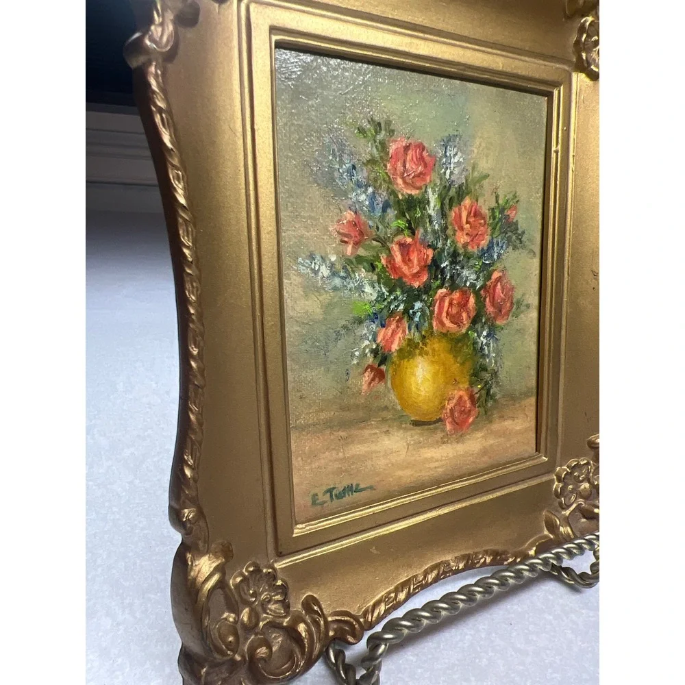 Vintage MCM Still Life Floral Painting Gold Ornate Mini Frame Regency 1964 USA